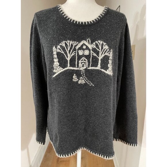 EUC Vintage Hand Embroidered Charcoal Gray Cozy Knit Sweater - Picture 1 of 10